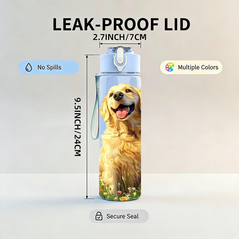 1PC Golden Retriever Puppy 750ml Color Plastic Sports Water Bottle Leakproof Flip Straw Lid Suitable for Sports Office Home Use