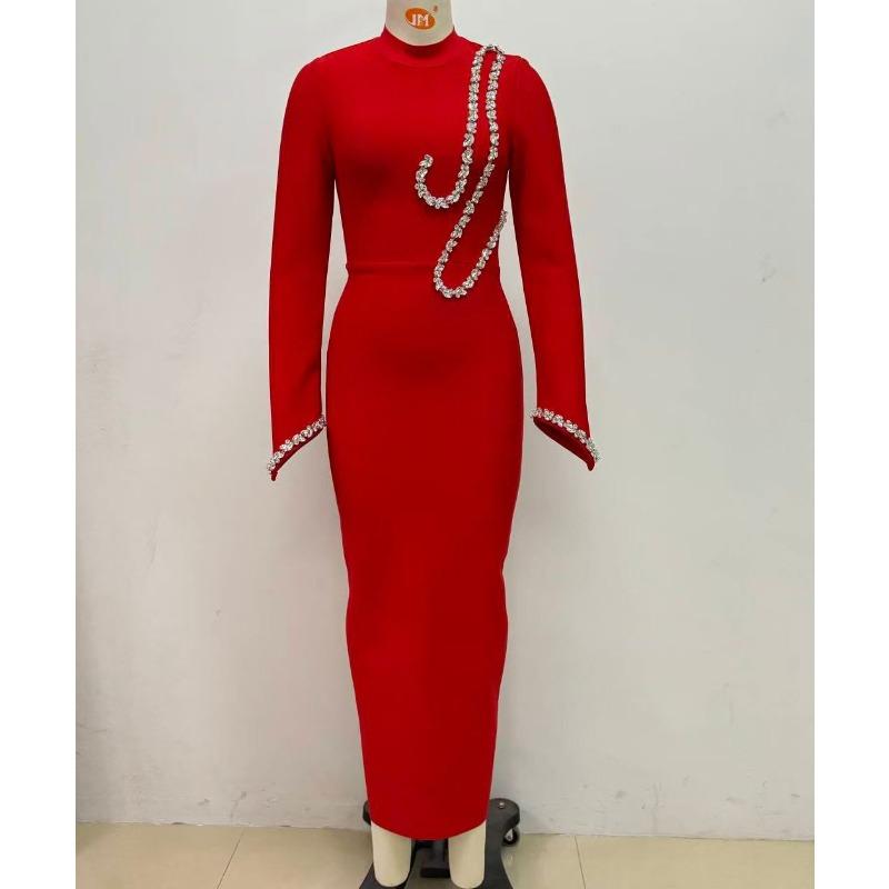 

Осенне-зимнее платье-бандаж с длинным рукавом и воротником-гольф, украшенное стразами, модное облегающее платье для вечеринки XL красный
