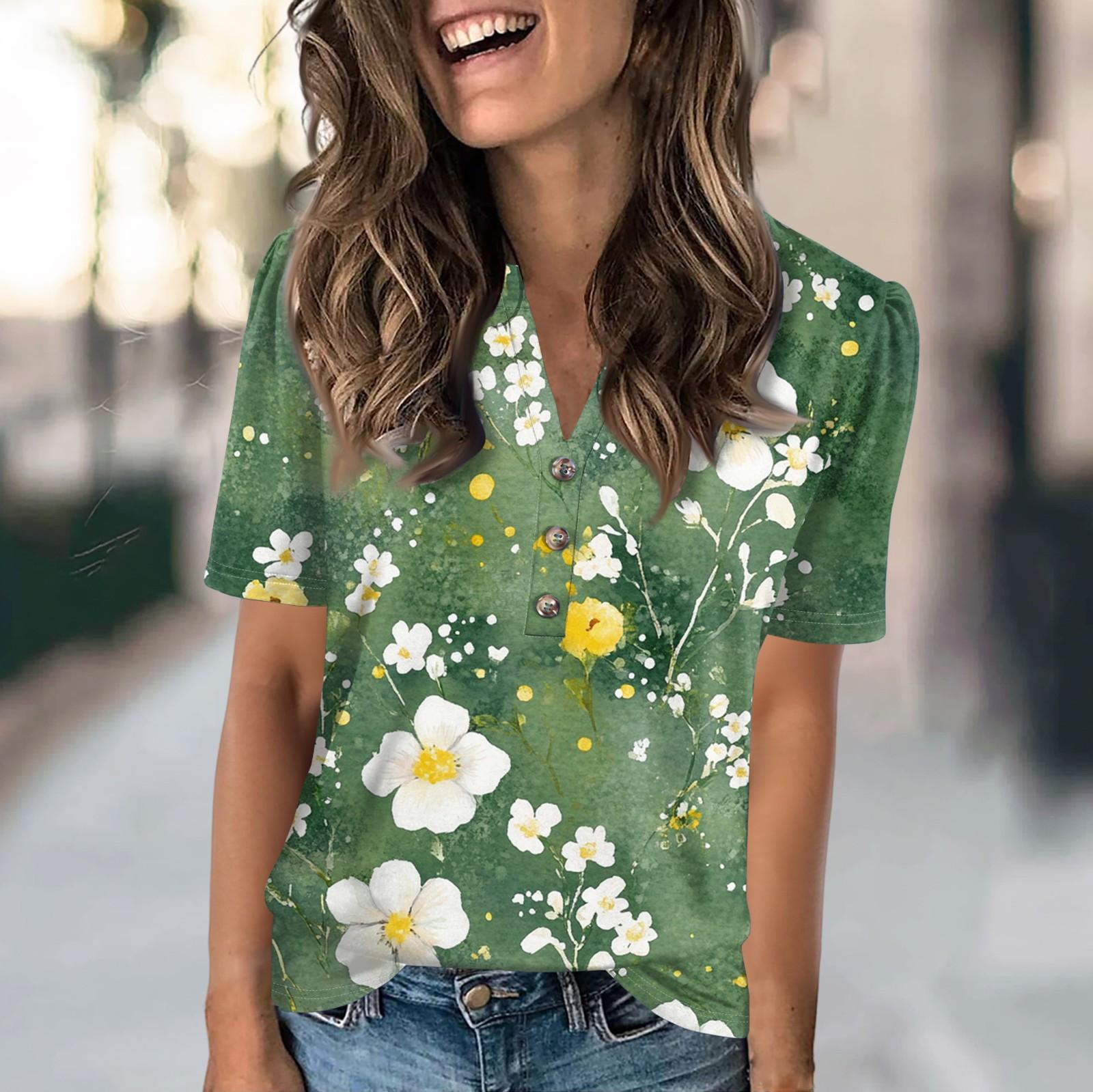 

Ladies Summer Tops Women s Fashion Casual With Floral Prints V-neck Short Sleeve Button T-shirt Top M