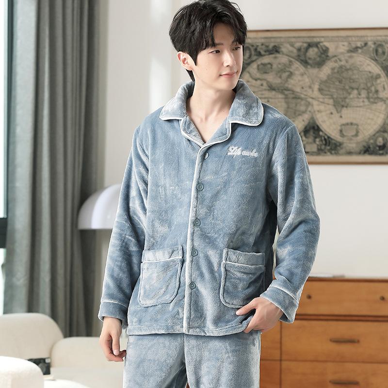 Men'S Coral Fleece Winter Fleece Thickened Antistatic Flannel Loungewear Pajamas Set