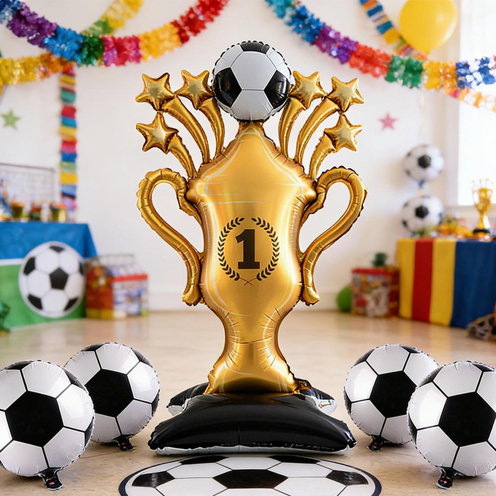 5Pcs Soccer Theme Foil Balloon Set, Jumbo Standing Champion Trophy & 18-Inch Football Mylar Balloons, Aesthetic Sports Event Dec