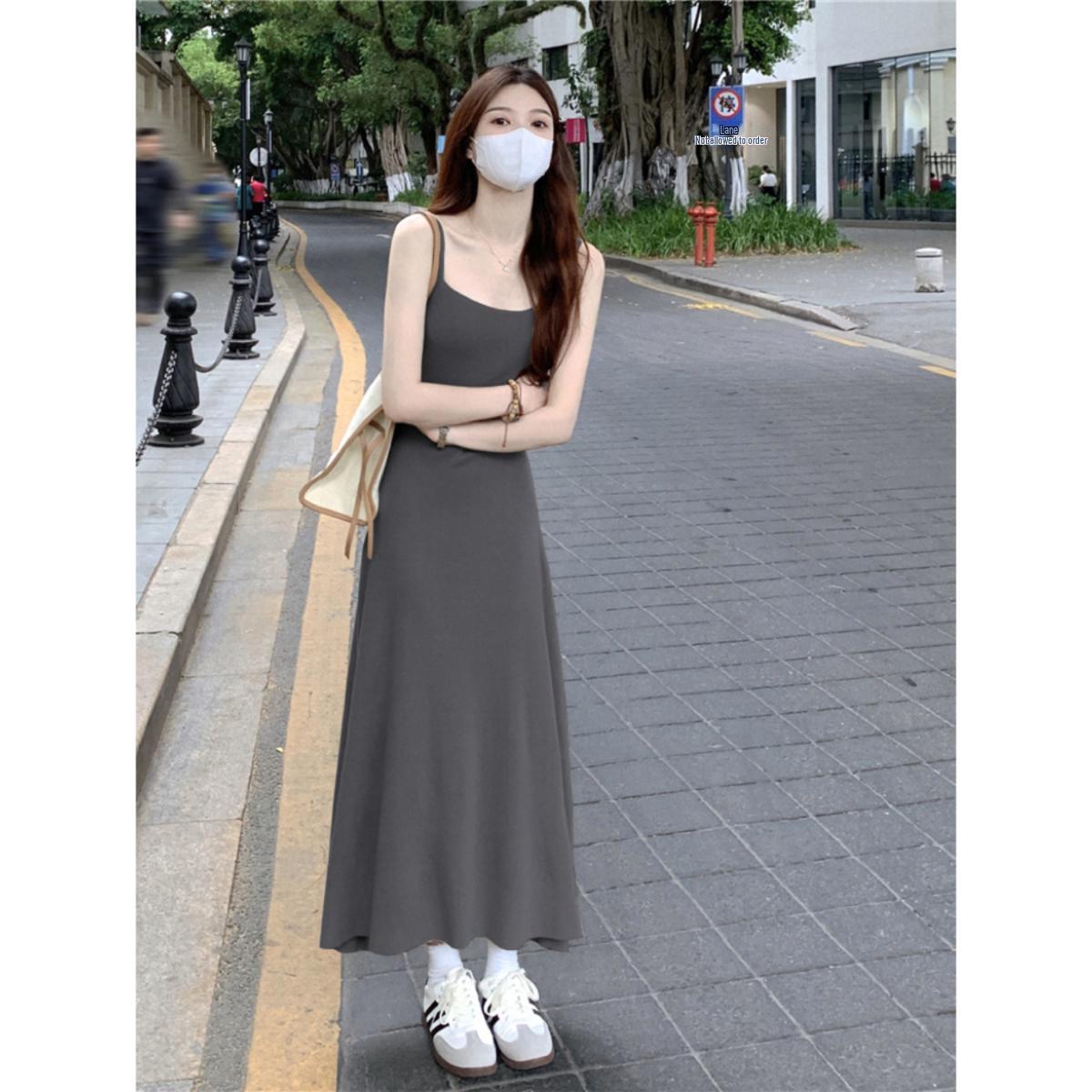 Women s Chic Spaghetti Strap Dress - Summer 2025 French-Inspired Waist-Cinched Long Skirt S темно-серого