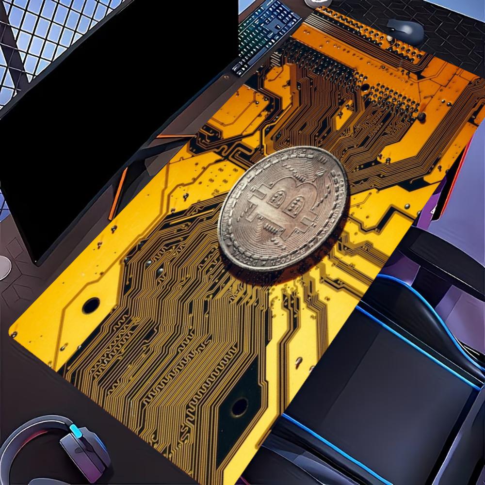 Gaming Mouse Pad Bitcoin Circuit Board Print Gold Silver Crypto Coin Anti Slip Rubber XXL Large Desk Mat For PC Laptop Gamers