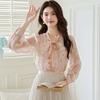 Fashion New  Autumn Long Sleeve Lace-Up Bow Collar Print Chiffon Blouse Shirt Women Tops Blouses Shirts J415