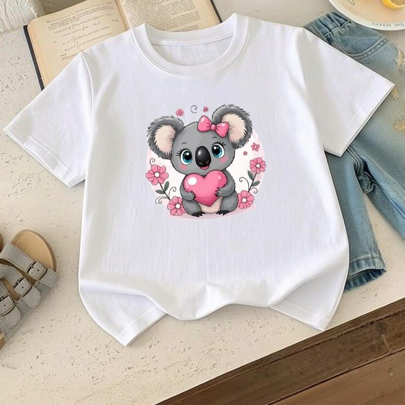 Kids Koala Holding Heart Pink Flower Print Crewneck Tee 110 белый
