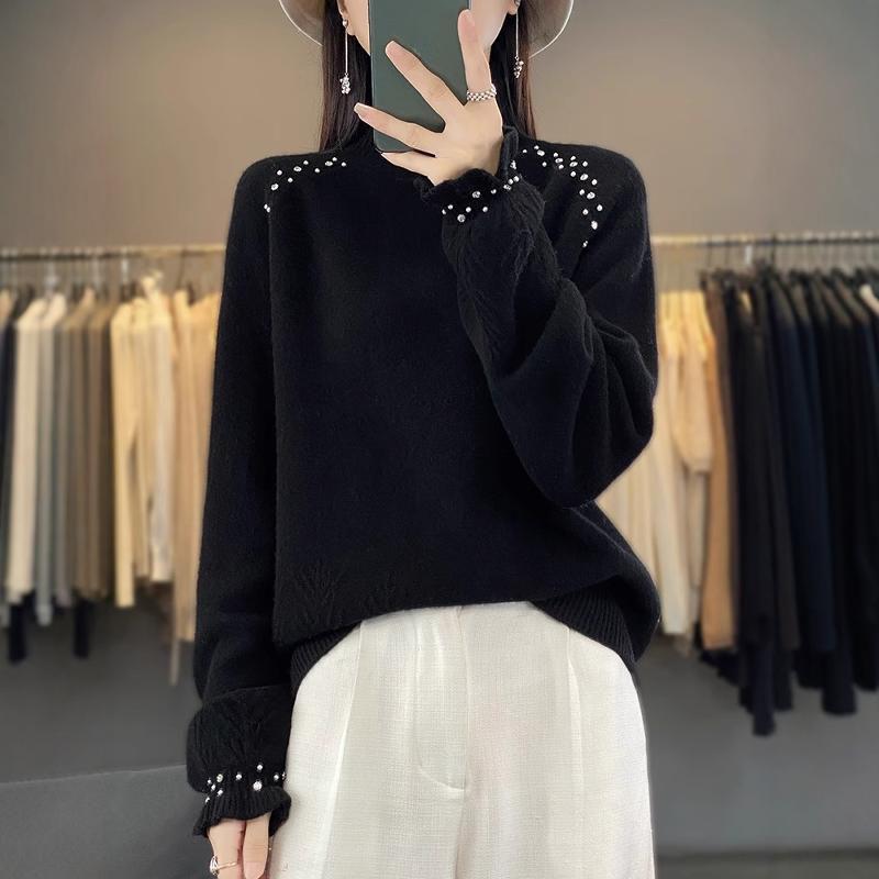 Women's Turtleneck Sweater Autumn Winter Beaded Loose Sweater Solid Color Pullover Knit Top
