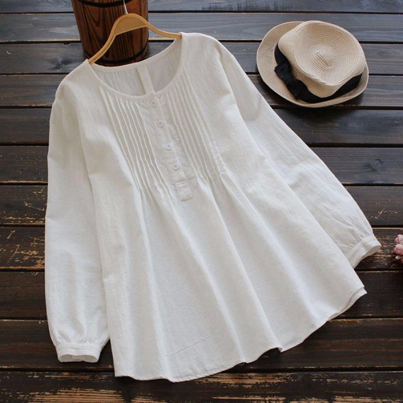 Available: Women's Long-Sleeve Pleated Round Neck Plus Size Shirt in Loose Cotton and Linen, All Colors and Sizes.