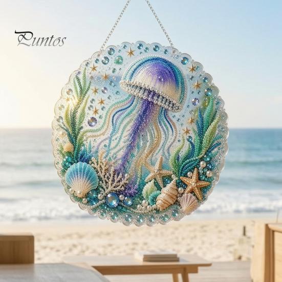 Beach Style Home Decor Coastal Faux Pearl Painting Kit, Ocean Theme Art DIY Sparkling Gemstone Crafting Sea Animal Ornament Craft Kit for Adults