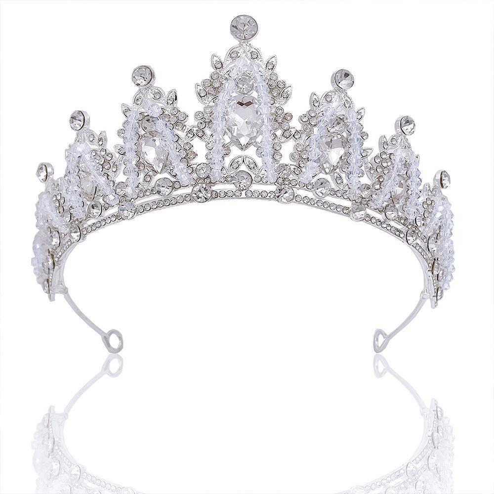 Korean Bride Silver Handmade Crown Headband Headdress New Alloy Crown Crystal Beaded Wedding Accessories for Women