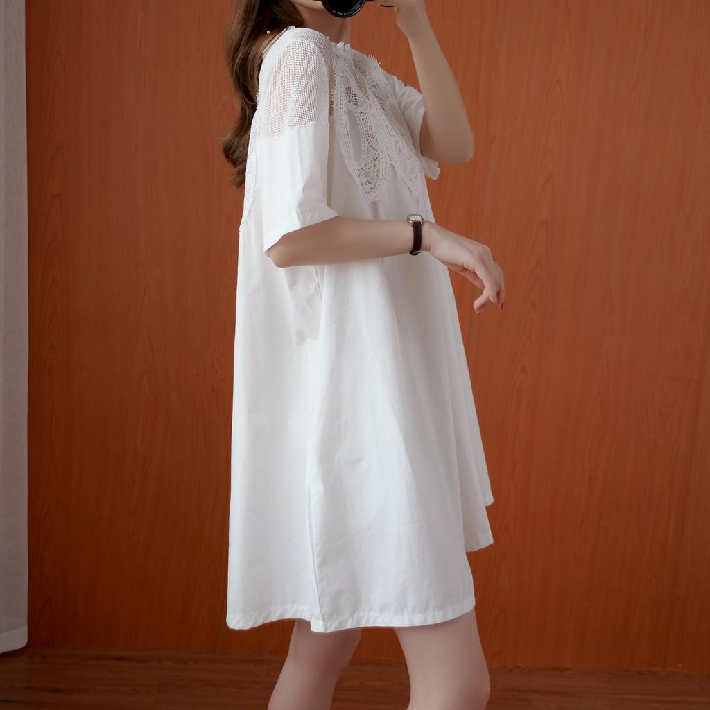 Western Style Plus Size Women's Summer Dress Fat Sister Lace Mesh Stitching Short Sleeves