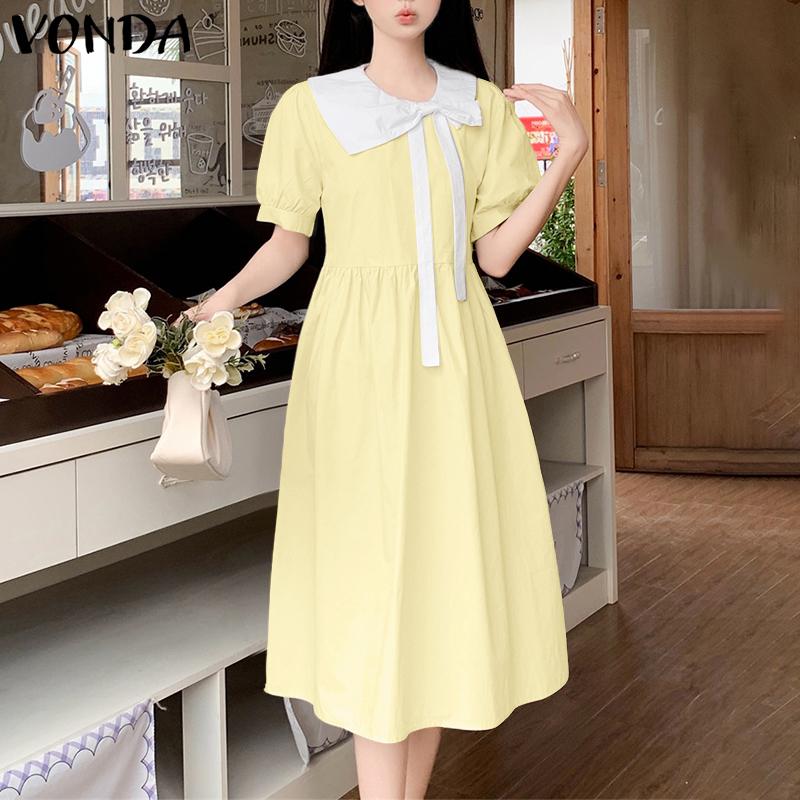 VONDA Women Doll Collar Short Sleeve Pleated Midi Dress