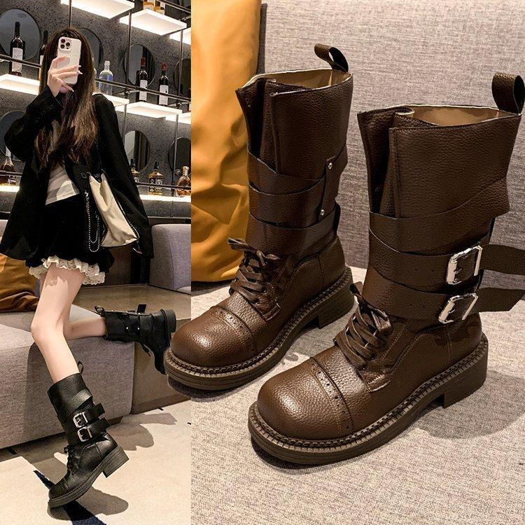 2025 new leather retro old locomotive boots versatile retro medium tube Martin boots women's short boots British style