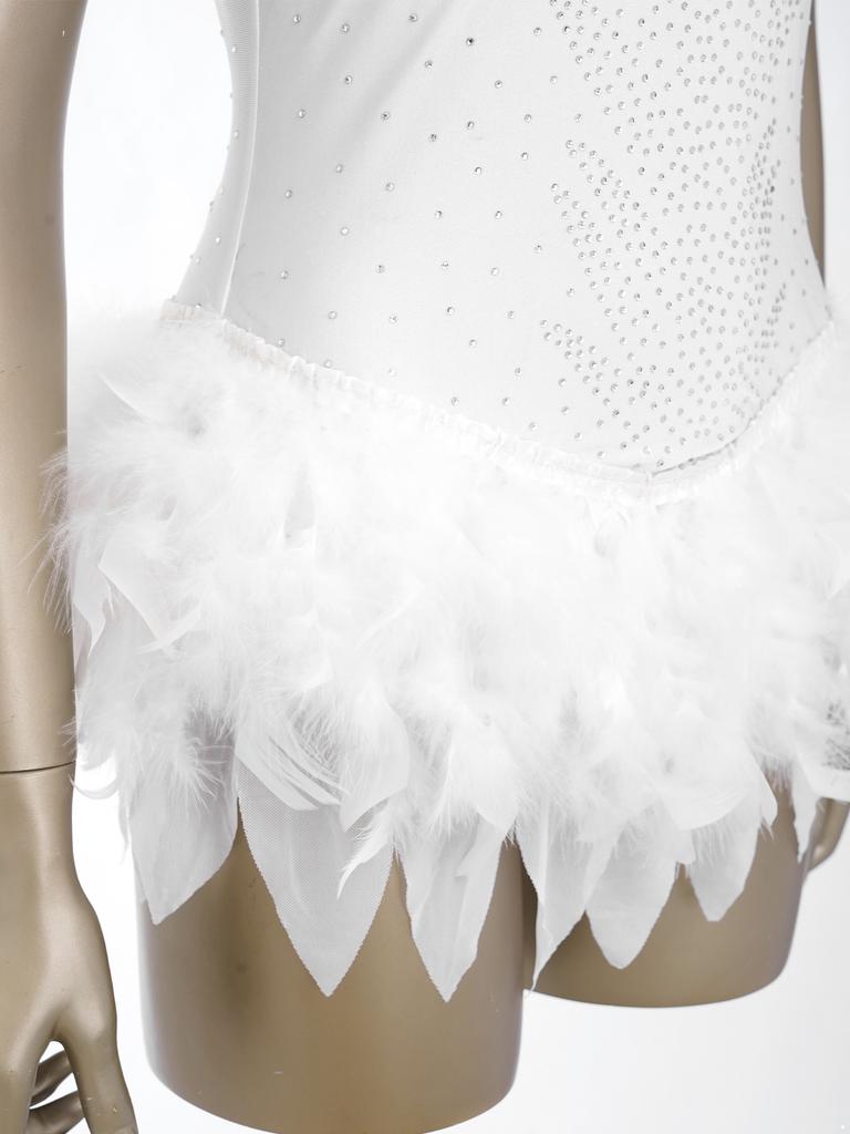 Body da ginnastica femminile con strass, piume soffici, orlo irregolare, senza maniche, con bottoni all'inguine