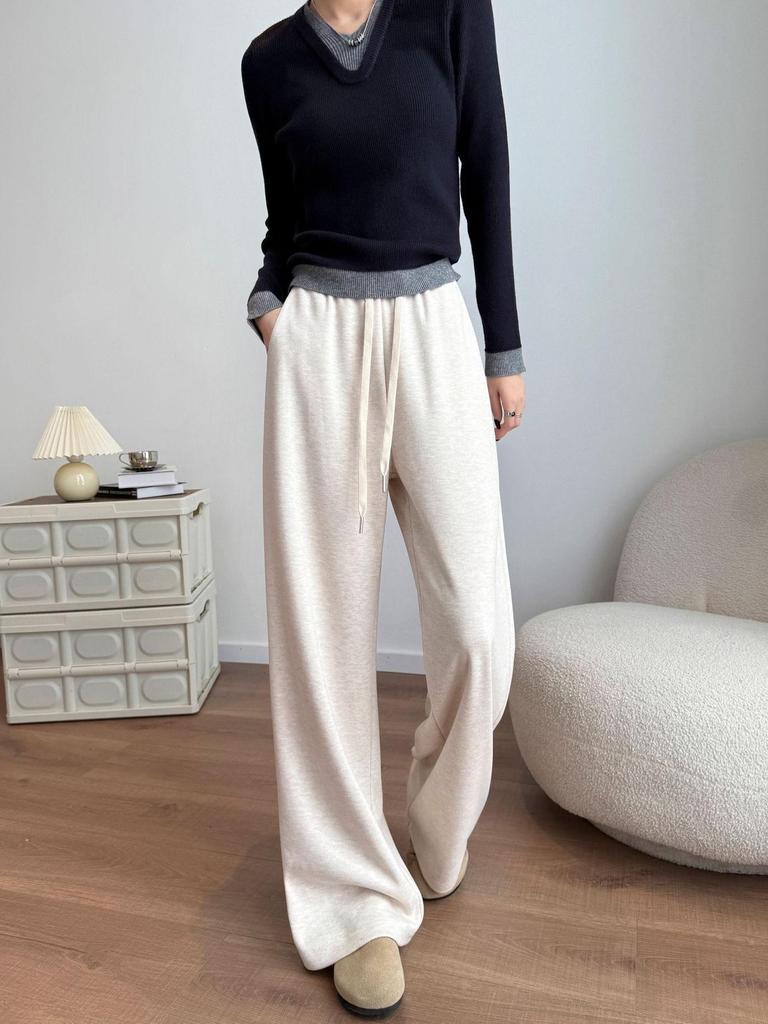 Aixuan White Wool Acetate Wide-Leg Pants: 2025 Autumn/Winter Women's Casual Draped Trousers