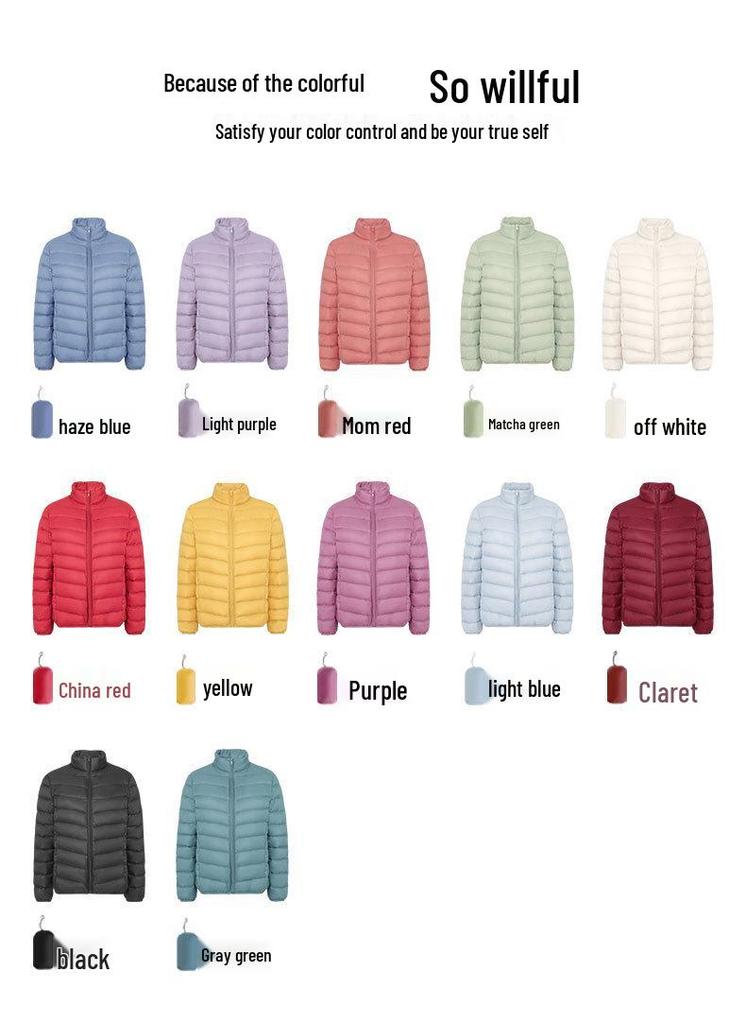 2024 Women's Slim Fit Lightweight Down Jacket - Autumn/Winter, Short, 90% White Duck Down, Stand Collar, Korean Style, Plus Size Available.