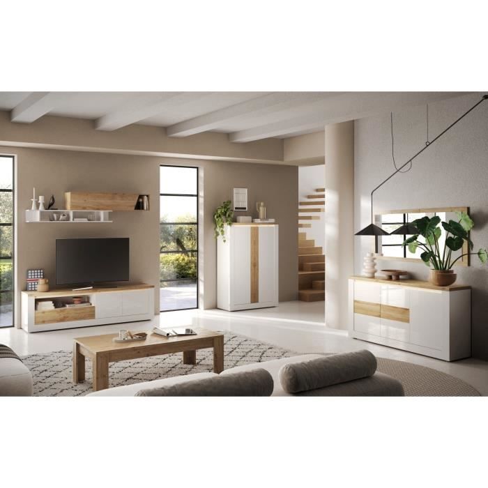 Buffet - IMOLA - Blanc Laqué Brillant / Chêne Clair - 3 Portes - 160 X 43 X 88 Cm - Eclairage LED