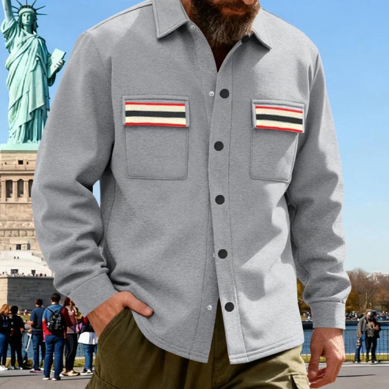 Men Long Sleeve Button Up Shirt Jacket With Striped Pockets Casual Workwear Shacket S серый