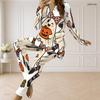 Women Plus Size White Halloween Ghost Printed Two Piece Set Half Zip Long Sleeve Top And Fitted Pants