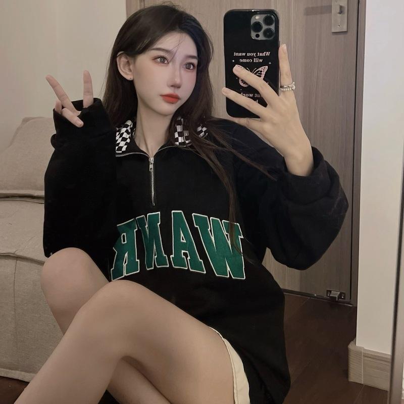 

Осенняя одежда Американская ретро надпись Вышитая Худи на половину молнии в черно-белую клетку с лацканами для женщин Свободный топ в стиле BF XL чёрный