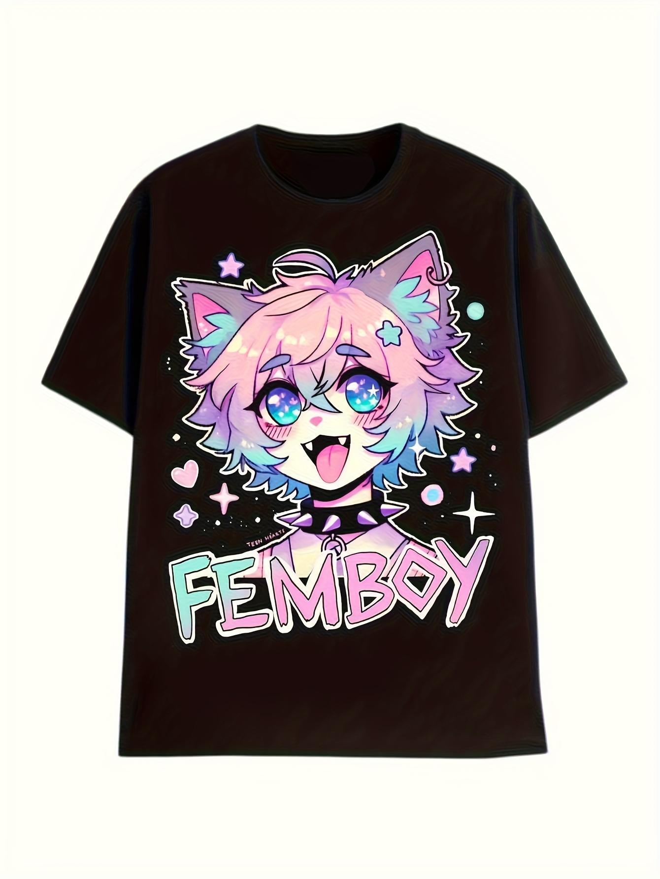 FEMBOY Graphic Tee for Men Women- Black Retro Punk Rock Aesthetic Tee with Cat Ears Characters M