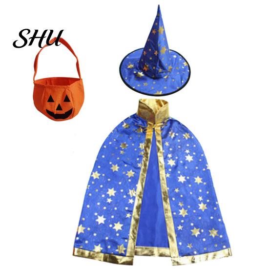 Breathable Witch Cape Adjustable Halloween Pentagram Printing with Wizard Costume Young Adults Hat Hand Bag Comfortable Kids