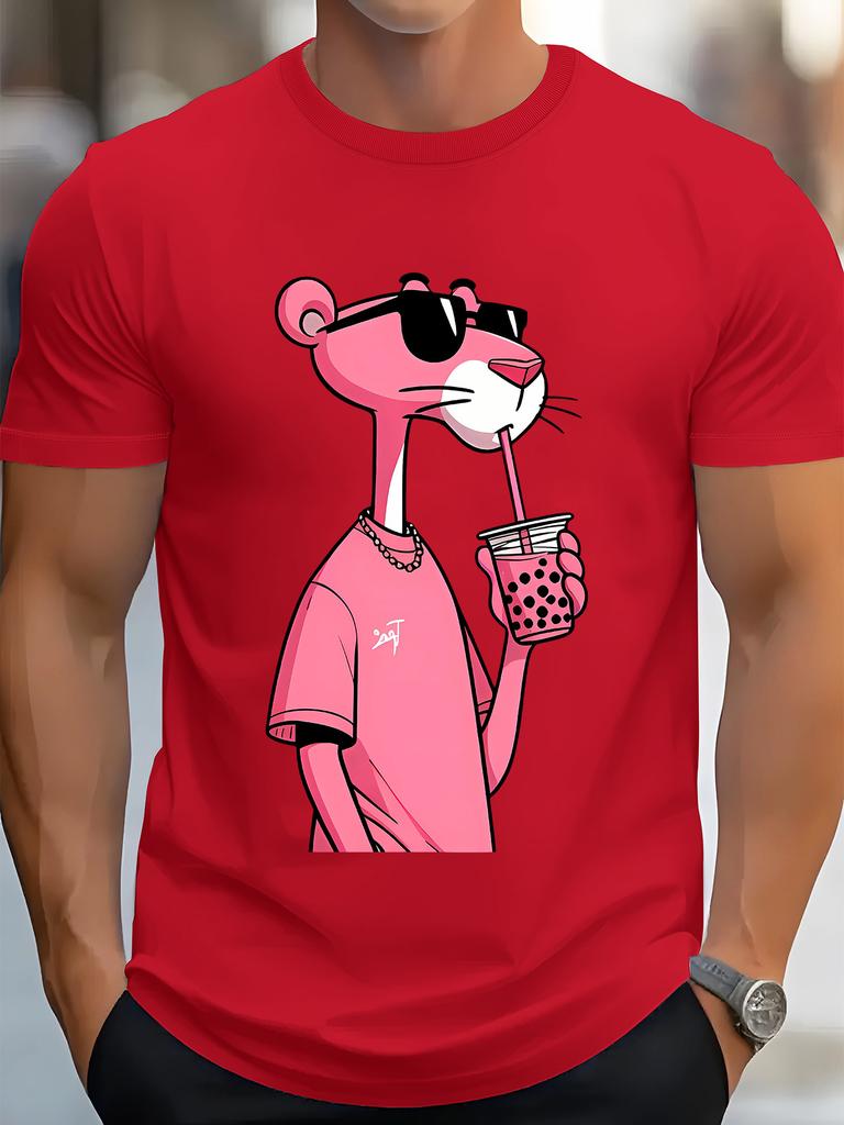 [ Retro Hiphop Tee] Casual  T-Shirt - Milk Tea Leopard Print, Crew Neck, Short Sleeve, All-Season Knit Fabric, Regular Fit