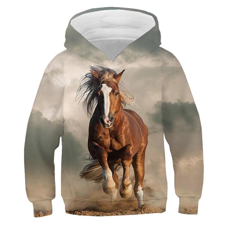 Running Horse Print Hoodies Sweatshirts Autumn Fleece Pullover Boys Girls Tracksuit Y2k Sudadera White Horse Hoodie Kids Clothes