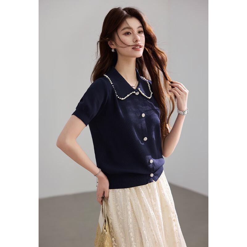 VICTORIA&VERA Hepburn Style Pearl Lapel Short Sleeve Knit Top