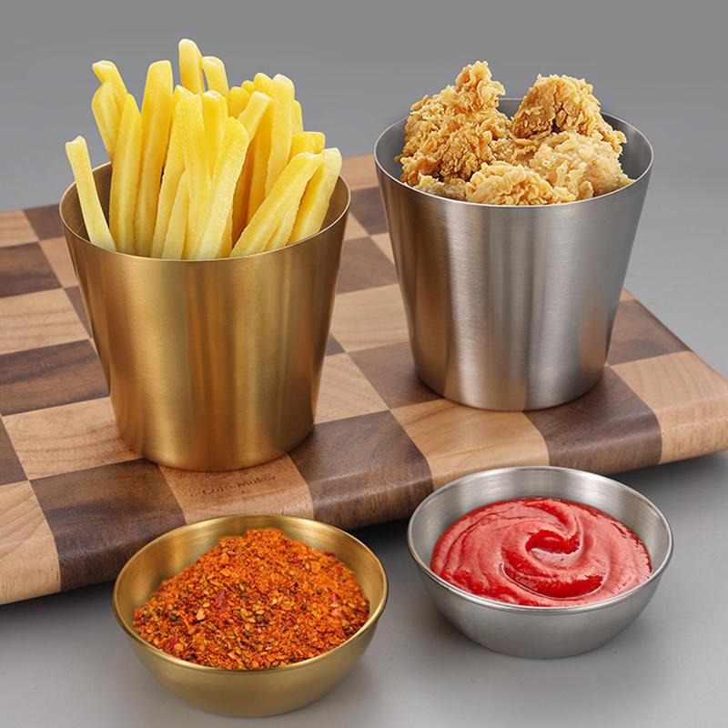 Stainless Steel Kitchen Dipping Sauce Bowl Golden Silver Ketchup Fries Cup Seasoning Dish Hot Pot Condiment Tray Tablewar
