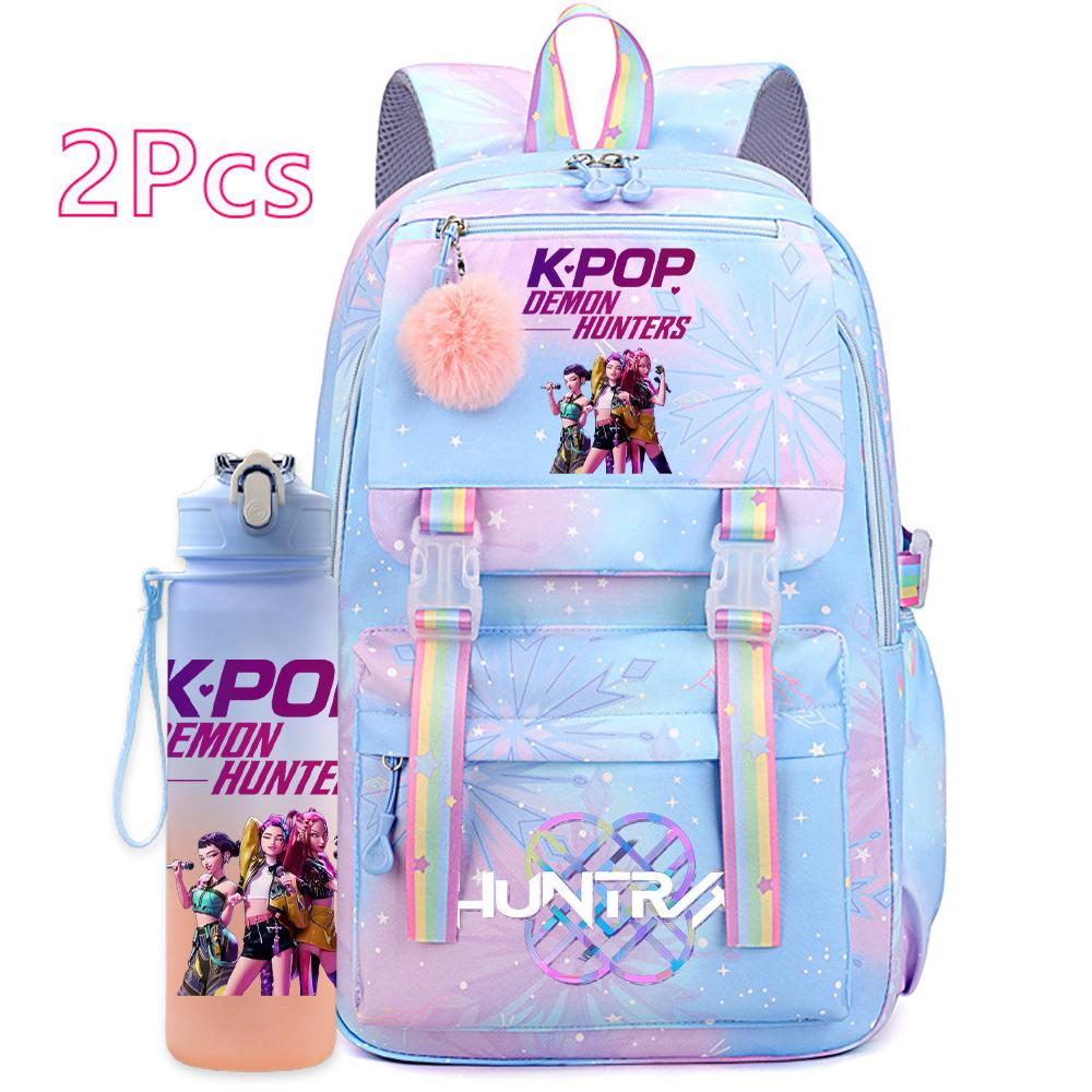 2 ks/sada Roztomilý Anime Kpop Potištěný Batoh s 750ml Lahví na Vodu Cestovní Taška s Velkou Kapacitou pro Dívku Teenagera Chlapce Školní Taška Dětský Dárek Mochila