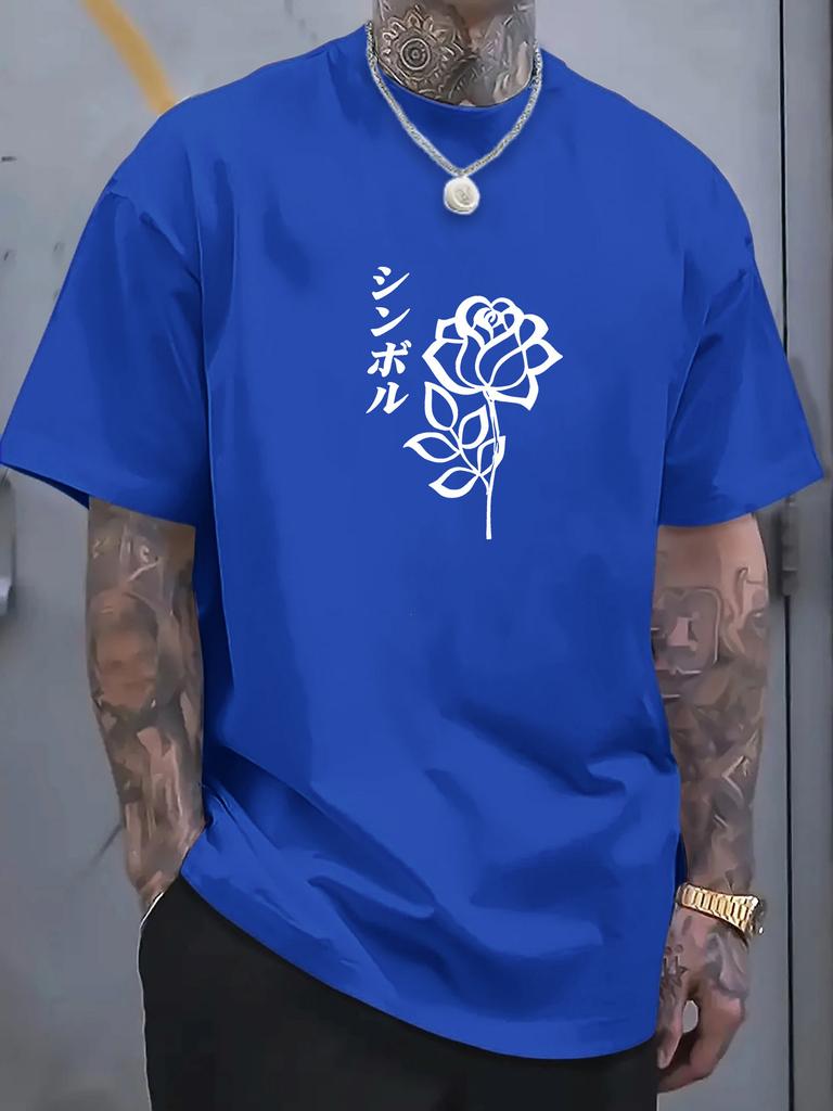 Unisex Rose Outline Japanese Word Print Crew Neck Short Sleeve Oversized Loose Casual Summer Streetwear Daily Basic Comfort T Shirt