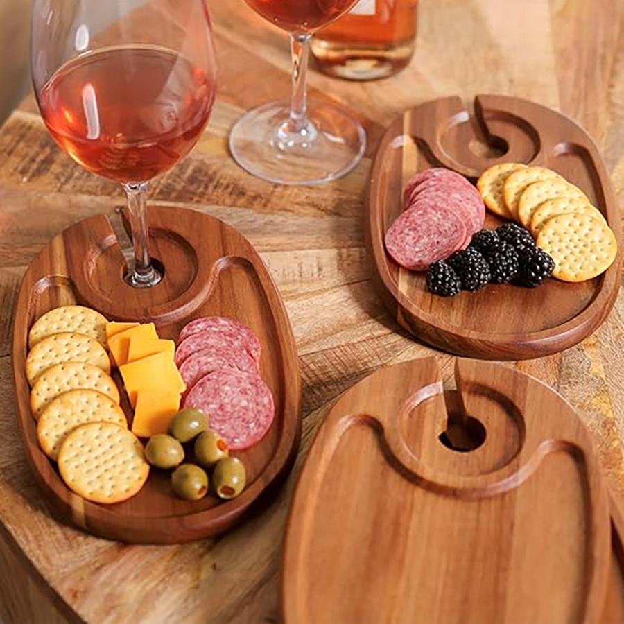 Wood Appetizer Plates Set of 4 Acacia Wood Appetizer Plates Wooden Cocktail Appetizer Plates with Wine Glass Holder Cheese Board
