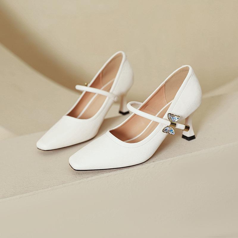 Black High Heels Temperament 2025 New One-word with Mary Jane Shoes White Stiletto French Square Head Light Mouth Single Shoes