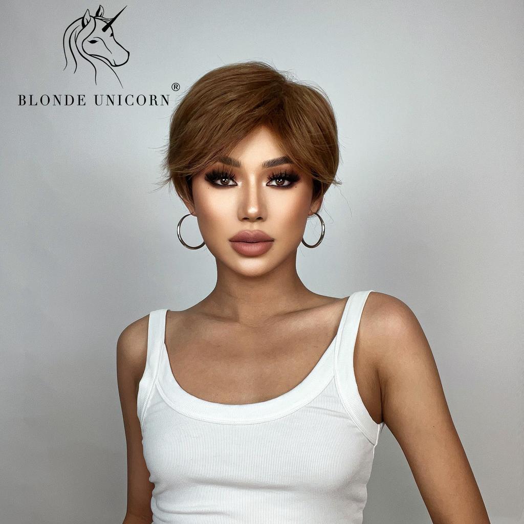 BLONDE UNICORN 8 inch Short Straight Hair Wigs for Women Ladies Ombre Brown Heat Resistant Synthetic Wigs