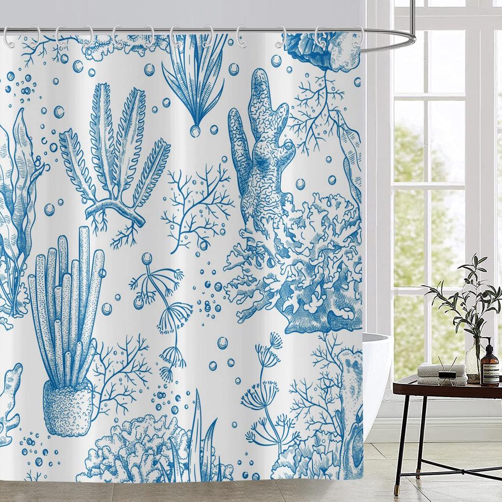 Nautical Coastal Shower Curtain,Beach Ocean Theme Shower Curtain for Bathroom Decor,Summer Tropical Coral Bath Curtain with Hook