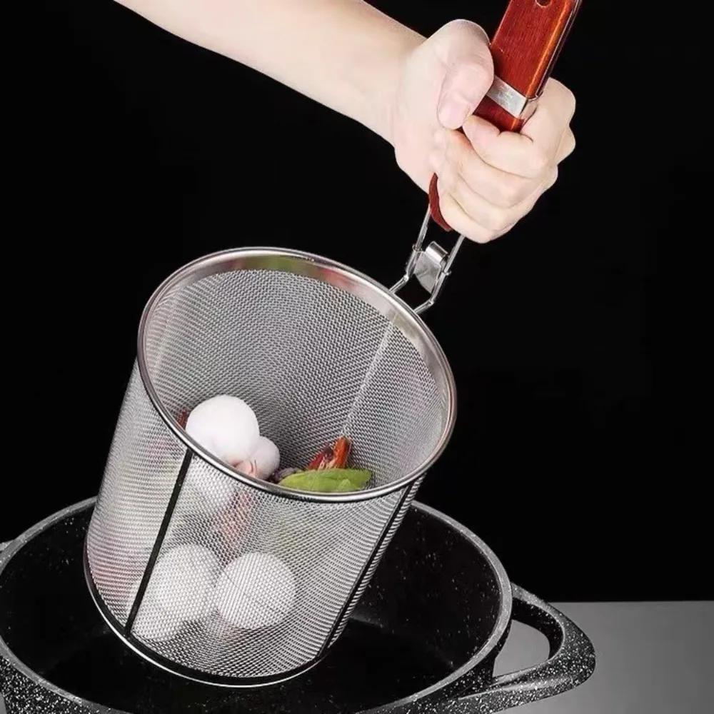 Durable Thickened Stainless Steel Funnel Kitchen Gadgets Multifunctional Pasta Basket Strainer Wooden Handle Deep Fry Basket