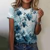2025 New Summer Temperament Women's Floral Blue Printed Women's T-shirt Round Neck Short Sleeve Street Casual Daily Basic Tops