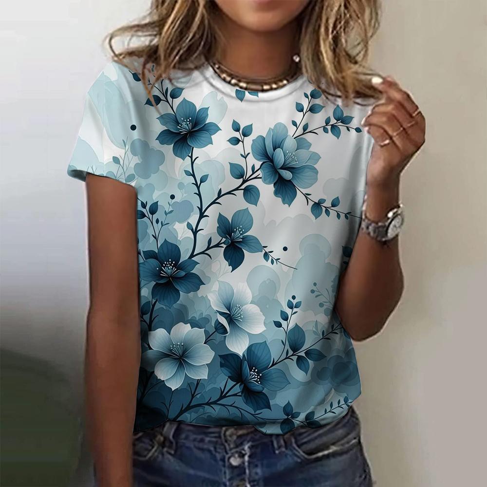 2025 New Summer Temperament Women's Floral Blue Printed Women's T-shirt Round Neck Short Sleeve Street Casual Daily Basic Tops