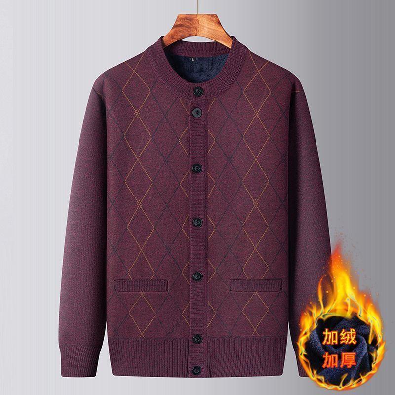 

Кардиган свитер вязаный мужской бархатный вязаный свитер для пожилых людей среднего возраста осенне-зимний утолщенное пальто топ для сохранения тепла L красный
