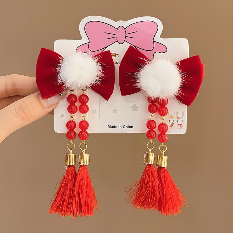 Fermacapelli Rosso a Fiocco Stile Antico - Accessorio Festivo per Hanfu da Bambina, Perfetto per le Celebrazioni di Capodanno