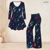 Women Plus Size Two Piece Set V Neck Long Sleeve Star Printed Flared Top And Flared Pants White Red Blue