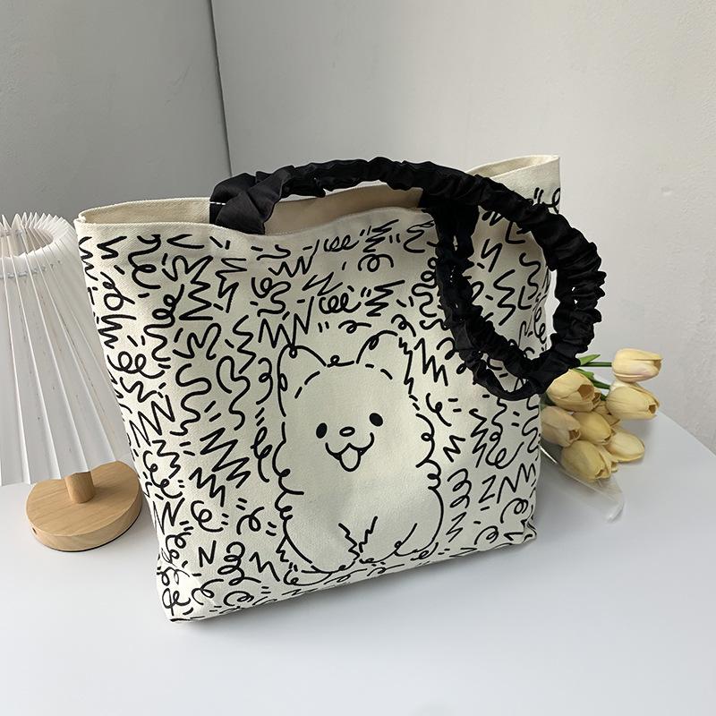 Geantă de umăr pânză drăguță cu pisici și câini pentru femei - Geantă tote artistică de vară cu imprimeu de desene animate, capacitate mare pentru studenți