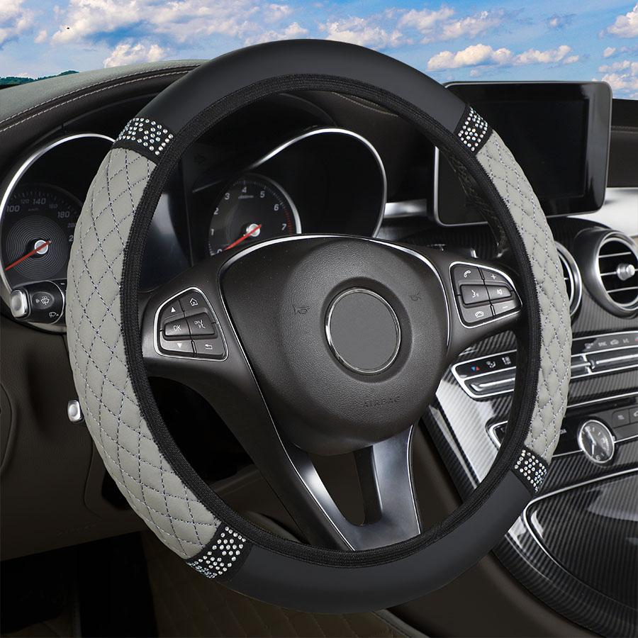 Universal Car Steering Wheel Cover 37-38cm Leather Embroidered Color Diamond-Studded Elastic Four Seasons Steering Wheel Cover