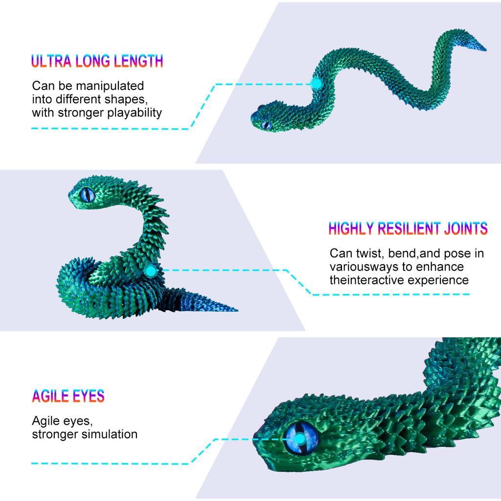 3D Printed Flexible Snake Toy 30Cm- Movable Joints, Adhd Fidget Desk Pet, Realistic Animal Figurine For Home Office Decor & Gift