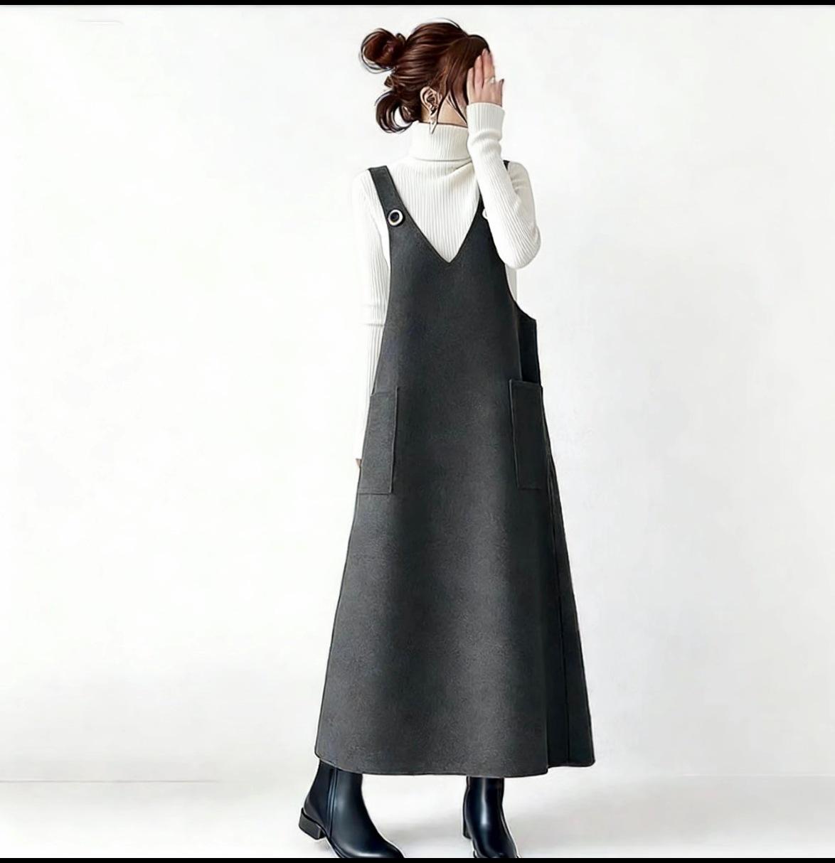

2026 Spring Japanese V-neck Woolen Dress with Base Layer Set Medium белый