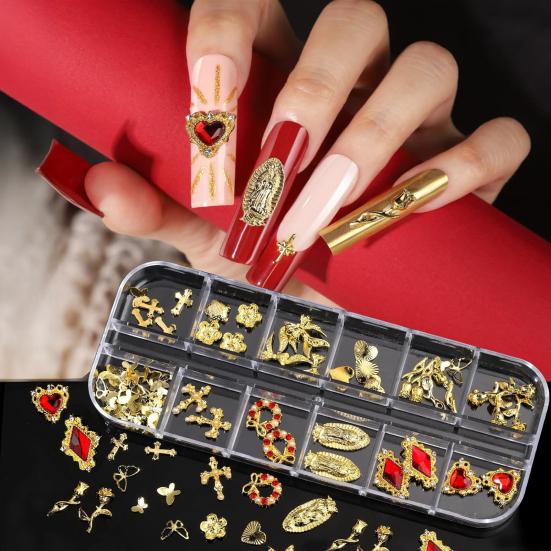 1 Set 3D Nail Art Charms 12 Grids Metal Love Heart Flower Butterfly Charms DIY Nail Design Crafting Manicure Decoration Accessories