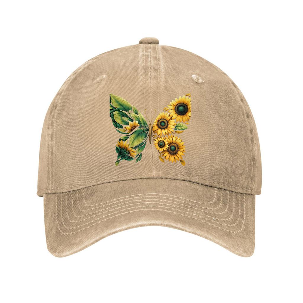 Sunflower Butterfly Print Cotton Baseball Cap Vintage Washed Dad Hat Adjustable Casual Cap