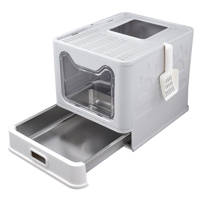 Stainless Steel Cat Litter Box Fully Enclosed Foldable Cats Sandbox Large Drawer Anti-splash Deodorizing Cat Toilet Easy Clean