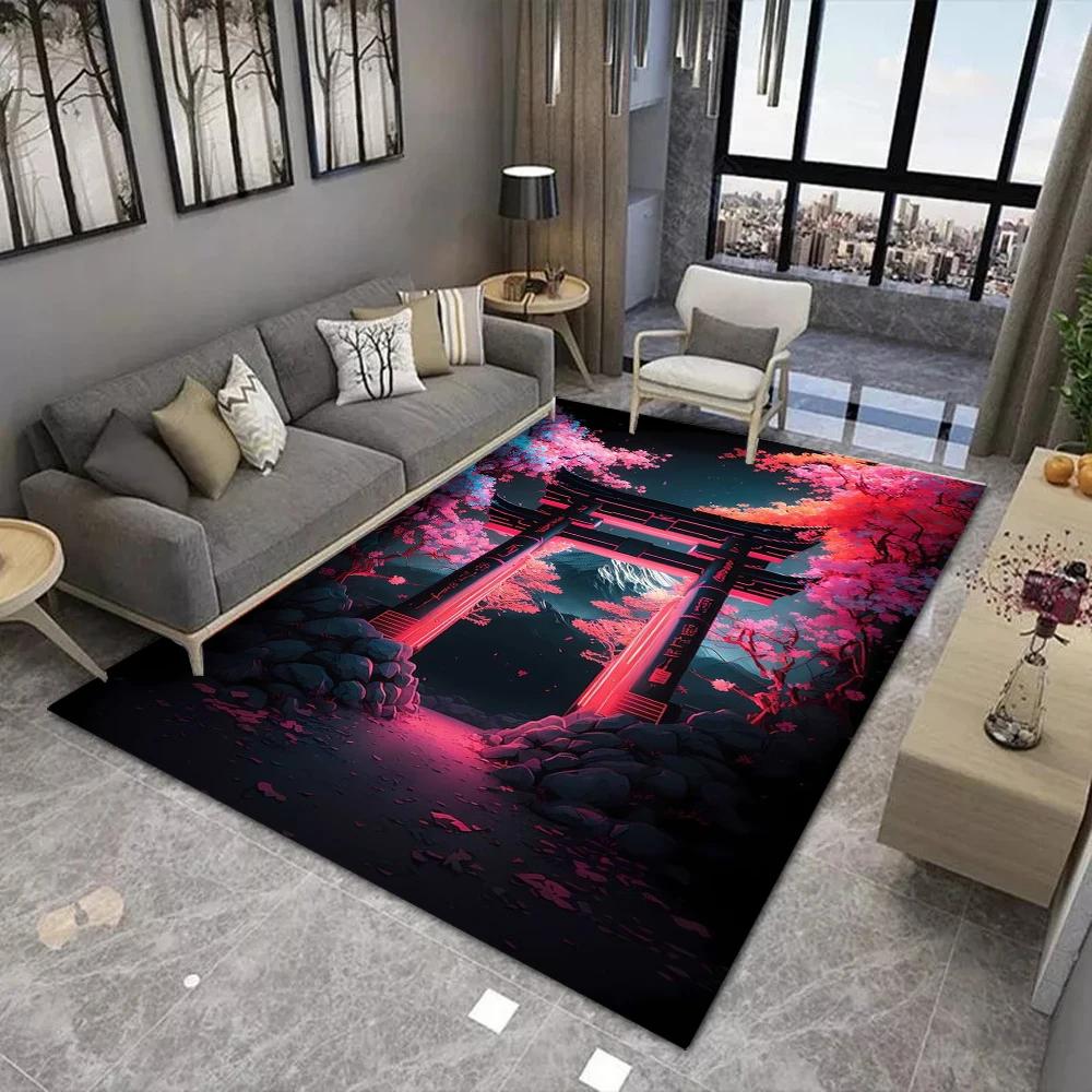 Japanese Cherry Blossom Mount Fuji 3D Area Rug for Kids Bedroom Living Room Sofa Doormat Large Floor Mat Home Decor Gift
