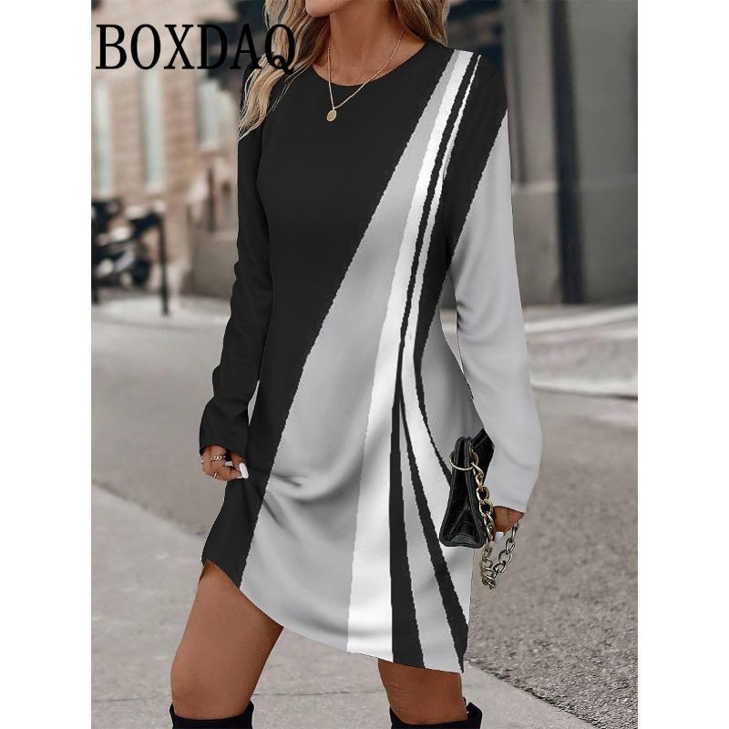 Vintage Print Womens Dresses Casual O-Neck Autumn Dresses For Women Long Sleeve Y2k Female Dress Loose Clothing Vestidos